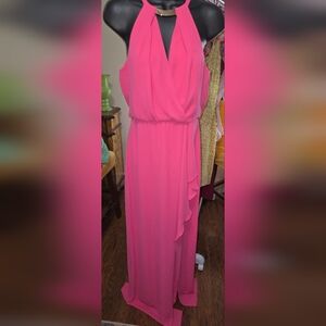 BCBGMAXAZRIA Womens Halter Cascade Ruffle Evening Dress Pink, sz 2
